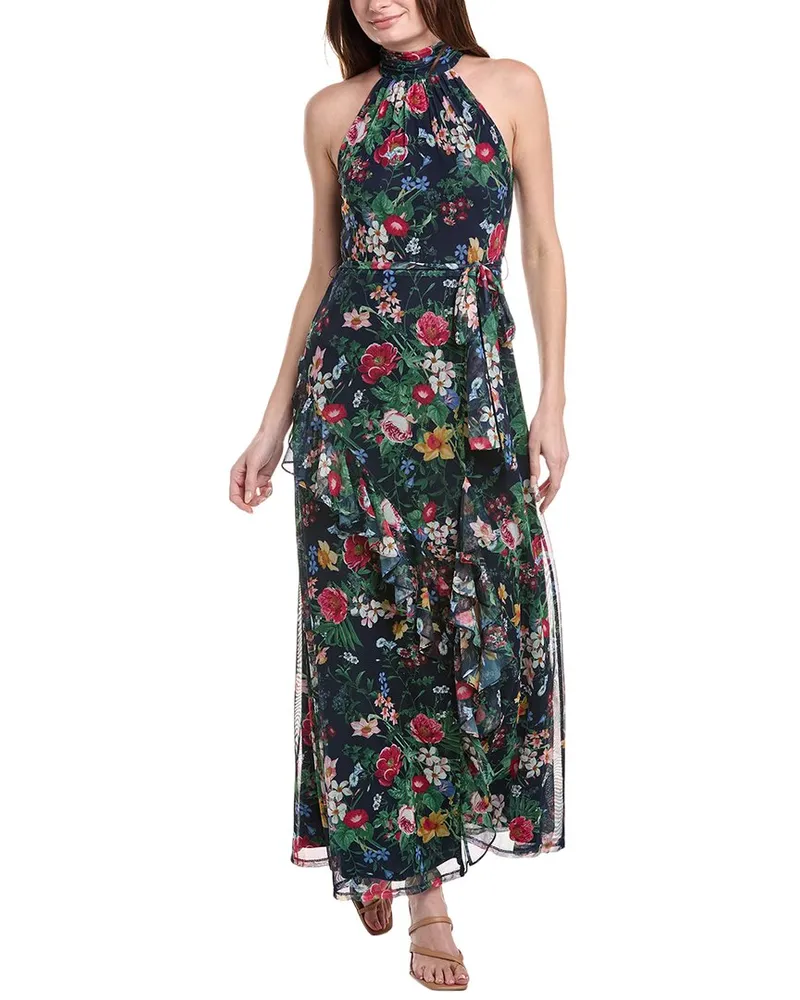 Anne Klein Printed Mesh Asymmetrical Ruffle Hem Maxi Dress Blue