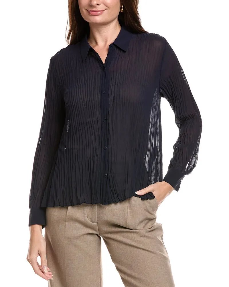 Eileen Fisher Petite Crinkled Georgette Silk Shirt Blue
