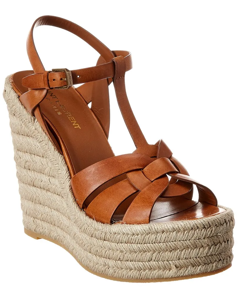 Saint Laurent Tribute 85 Leather Espadrille Wedge Sandal Brown