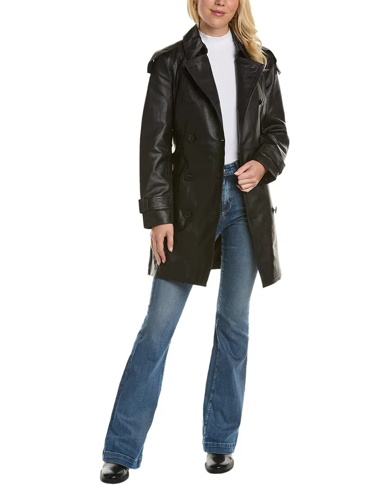 Badgley Mischka Triss Double-Breasted Leather Trench Coat Black