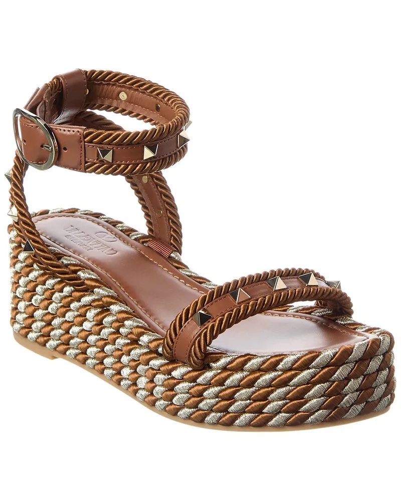 Valentino Garavani Rockstud 45 Rope & Leather Wedge Sandal Brown