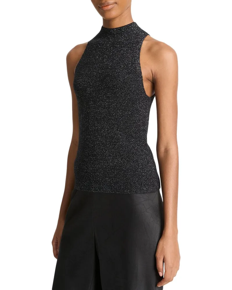 Vince Metallic Mock Neck Alpaca-Blend Tank Black