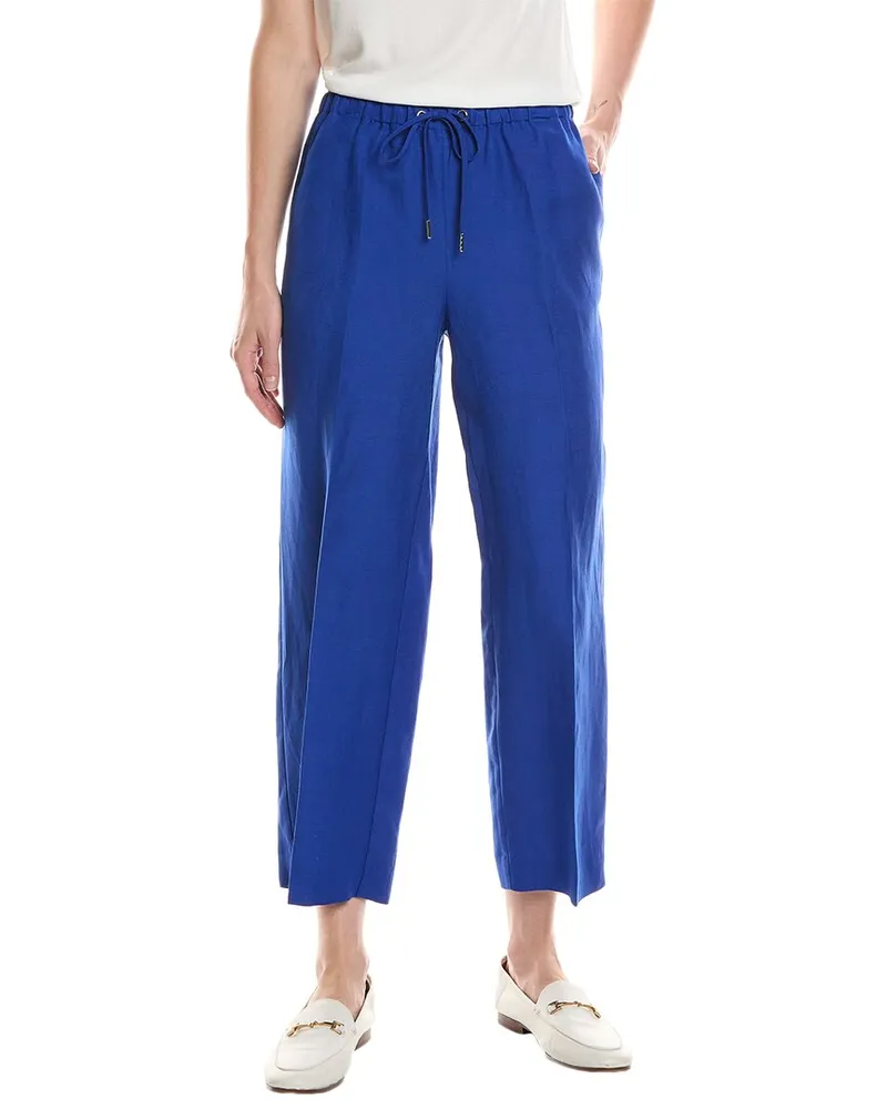 Anne Klein Drawstring Linen-Blend Wide Leg Pant Blue