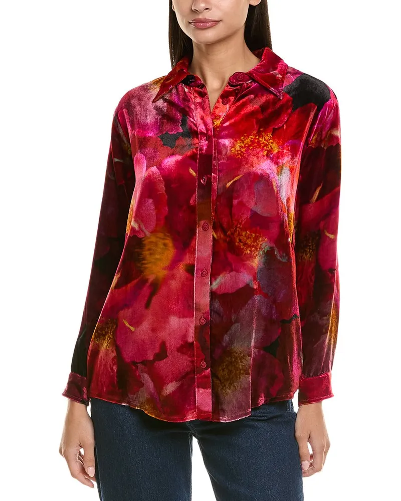 Johnny Was Velvet Oversized Silk-Blend Shirt Red