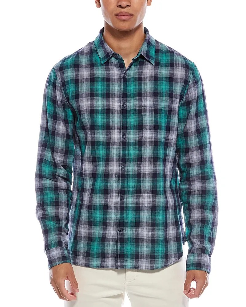 Vince Del Mar Plaid Linen-Blend Shirt Blue
