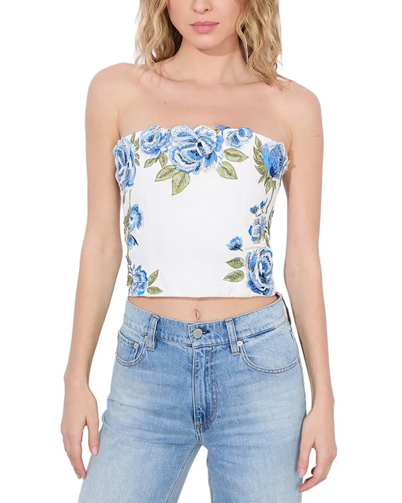 Alice + Olivia CeCe Floral Embellished Cropped Top White