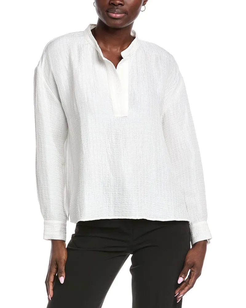 Eileen Fisher Mandarin Collar Silk & Linen-Blend Top White