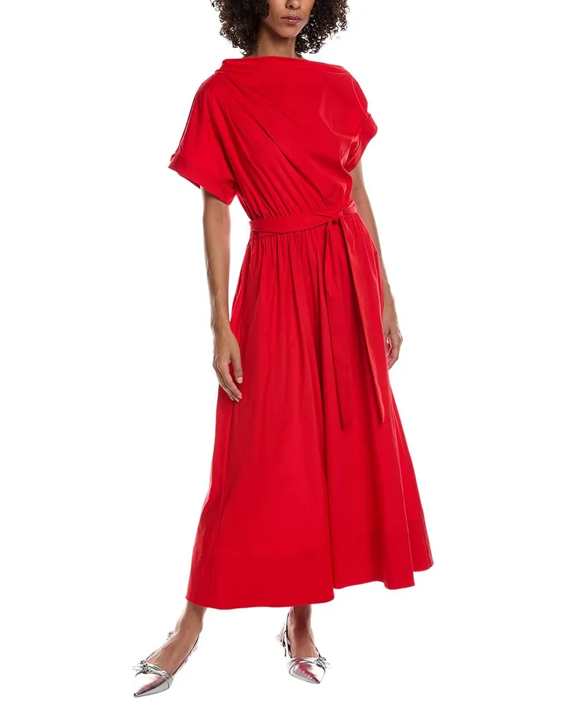 Lela Rose Asymmetrical Poplin Midi Dress Red
