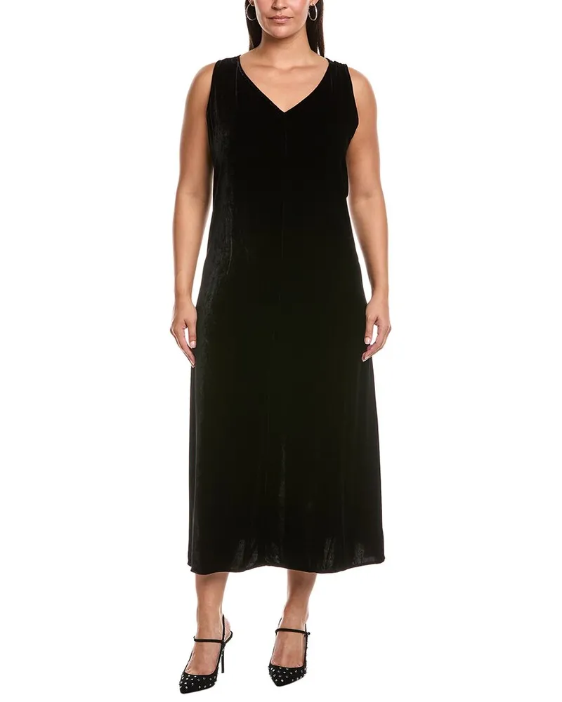 Eileen Fisher Plus V-Neck Silk-Blend Midi Dress Black