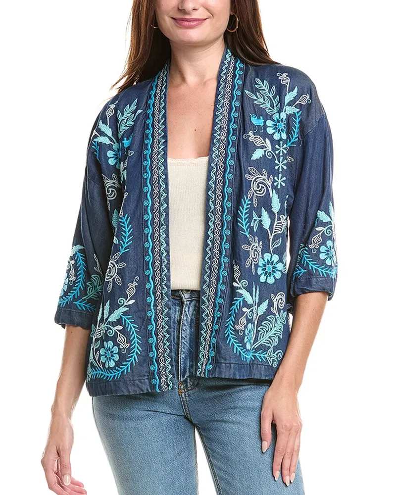Johnny Was Tie-Sleeve Cropped Kimono Blue