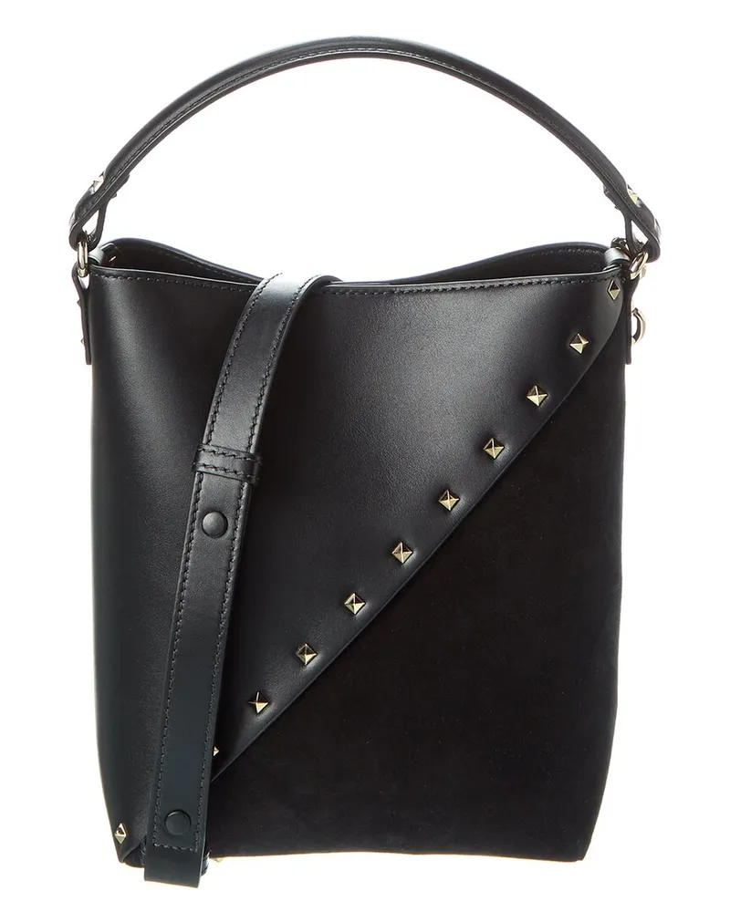Valentino Garavani Rockstud Wispy Leather & Suede Bucket Bag Black