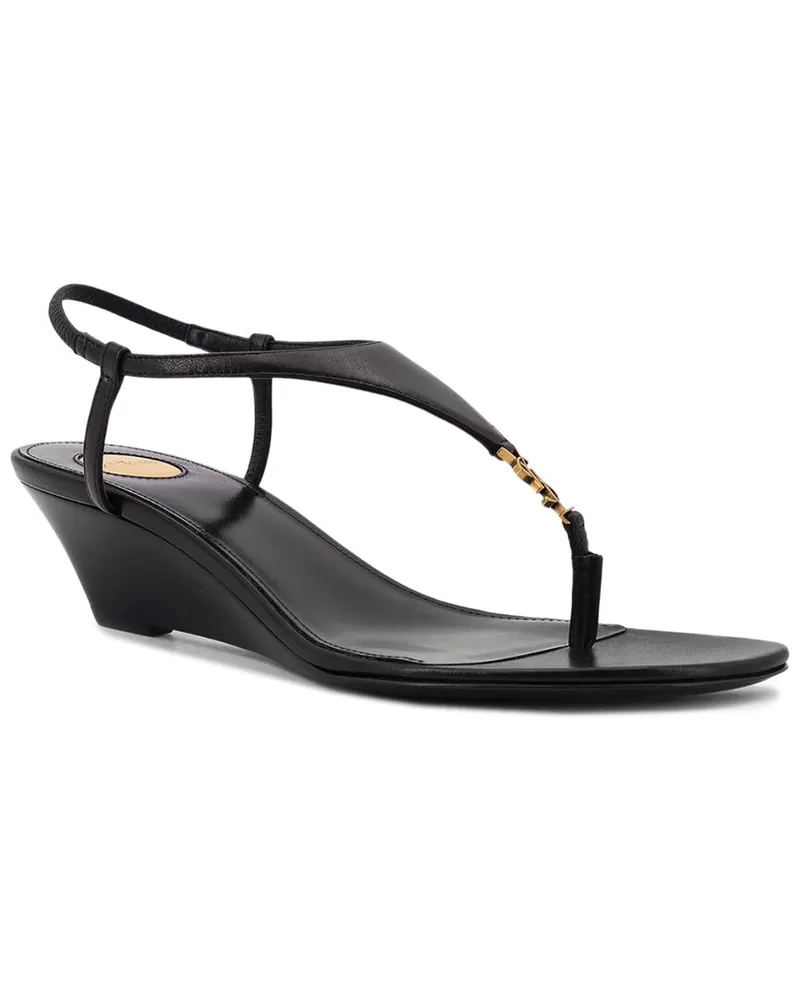 Saint Laurent Cassandre Wedge Leather Thong Sandal Black