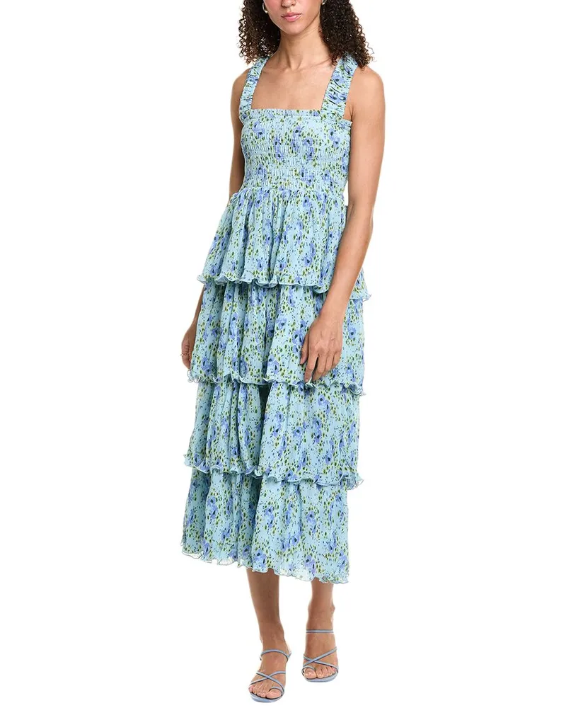 Ganni Pleated Georgette Flounce Smocked Midi Dress Blue