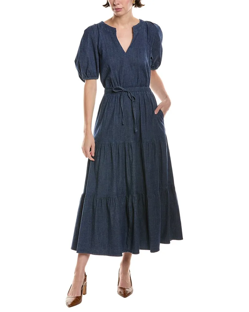 Anne Klein Tiered Puff Sleeve Midi Dress Blue