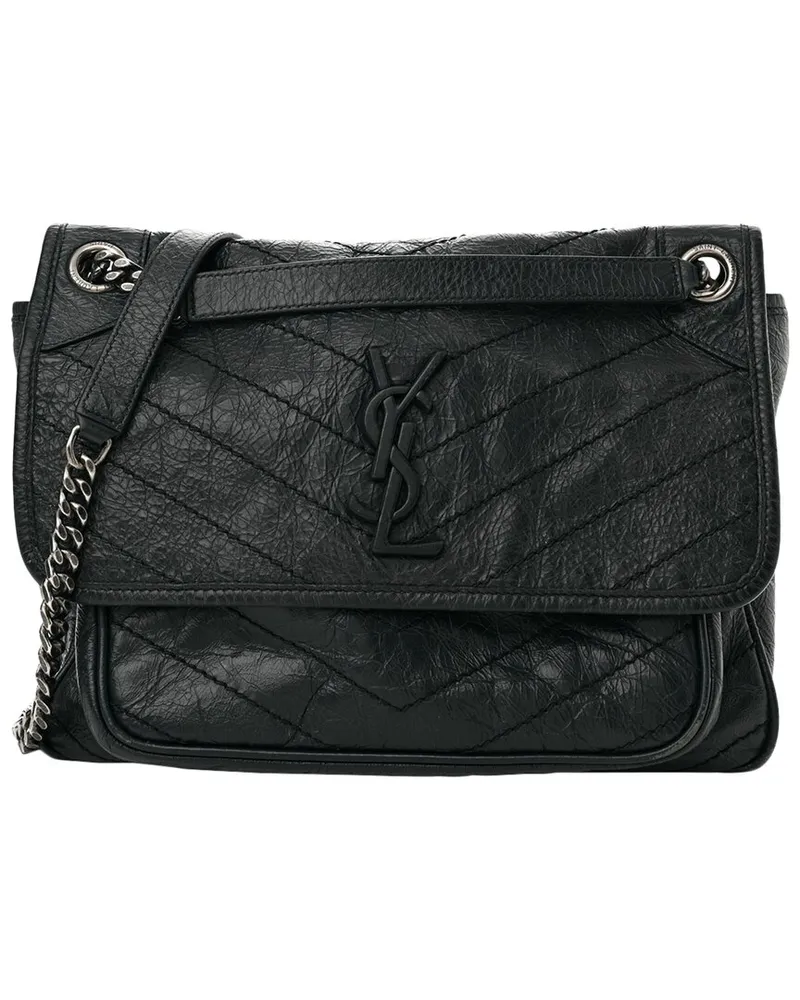 Saint Laurent Asphalt Crinkled Calfskin Leather Monogram Medium Niki Chain  Satchel (Authentic Pre-Loved Nocolor