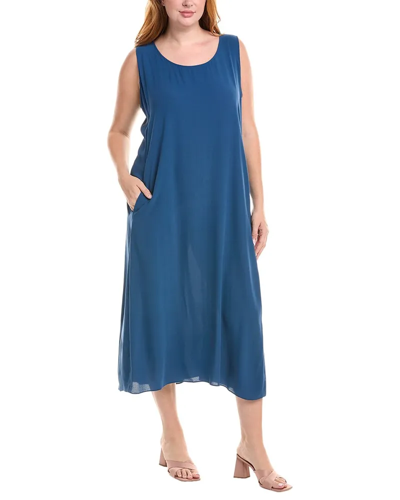 Eileen Fisher Plus Scoop Neck Silk Flare Dress Blue