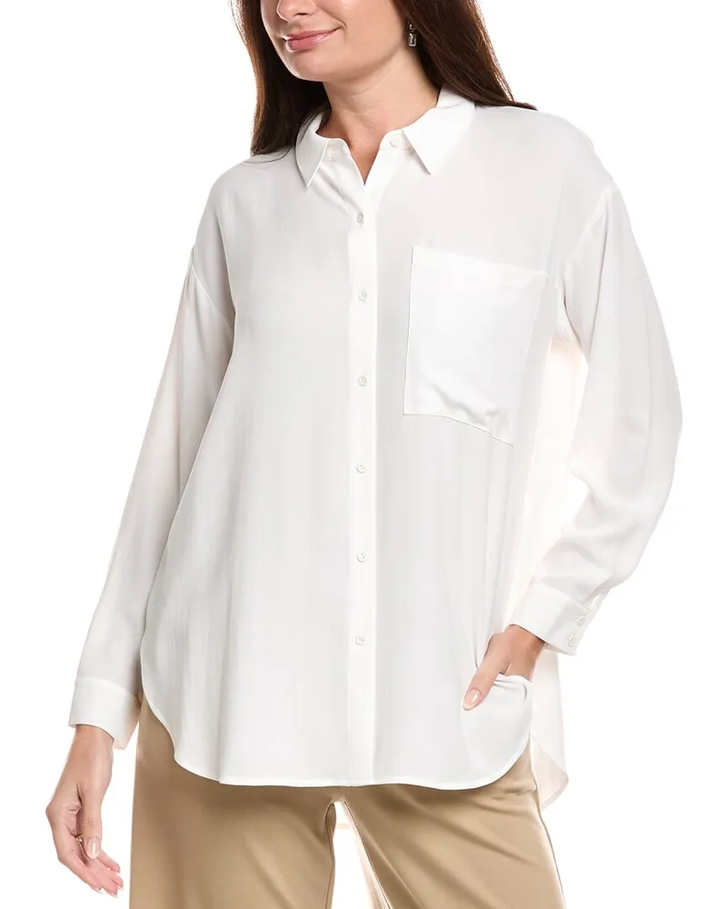 Eileen Fisher Petite Classic Collar Long Silk Shirt White