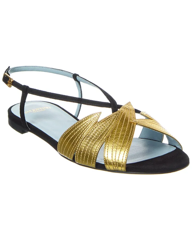 Valentino Garavani Foliefoliage Suede & Leather Sandal Black