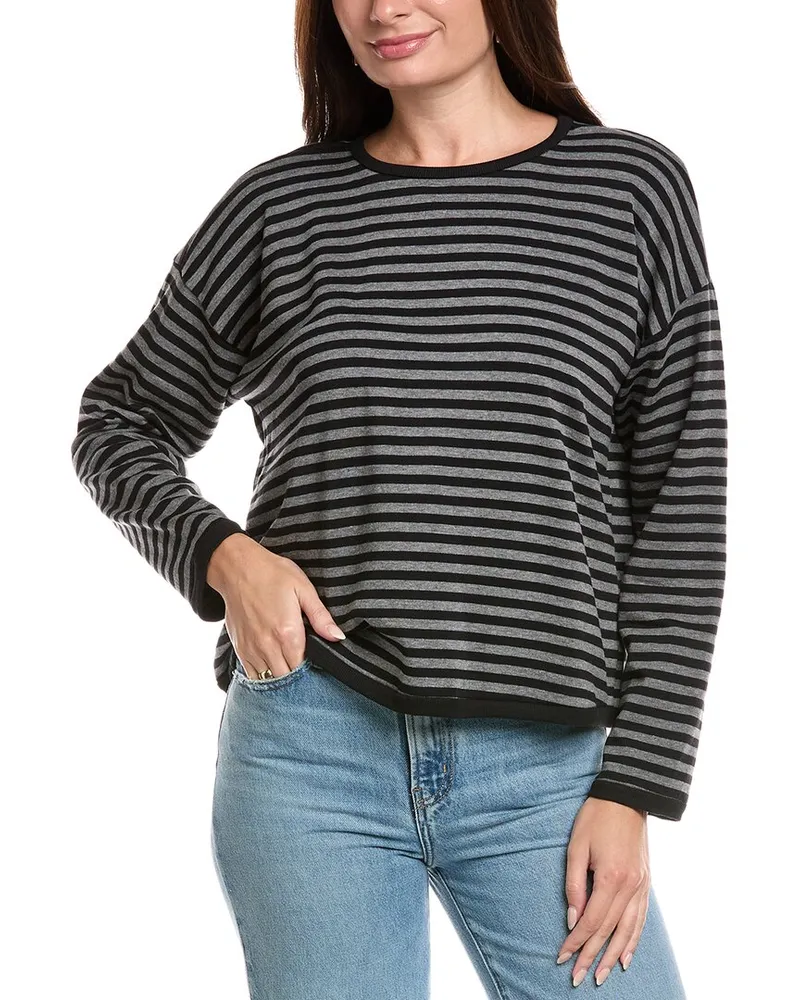 Eileen Fisher Petite Striped Cozy Brushed Terry Hug Box Top Black