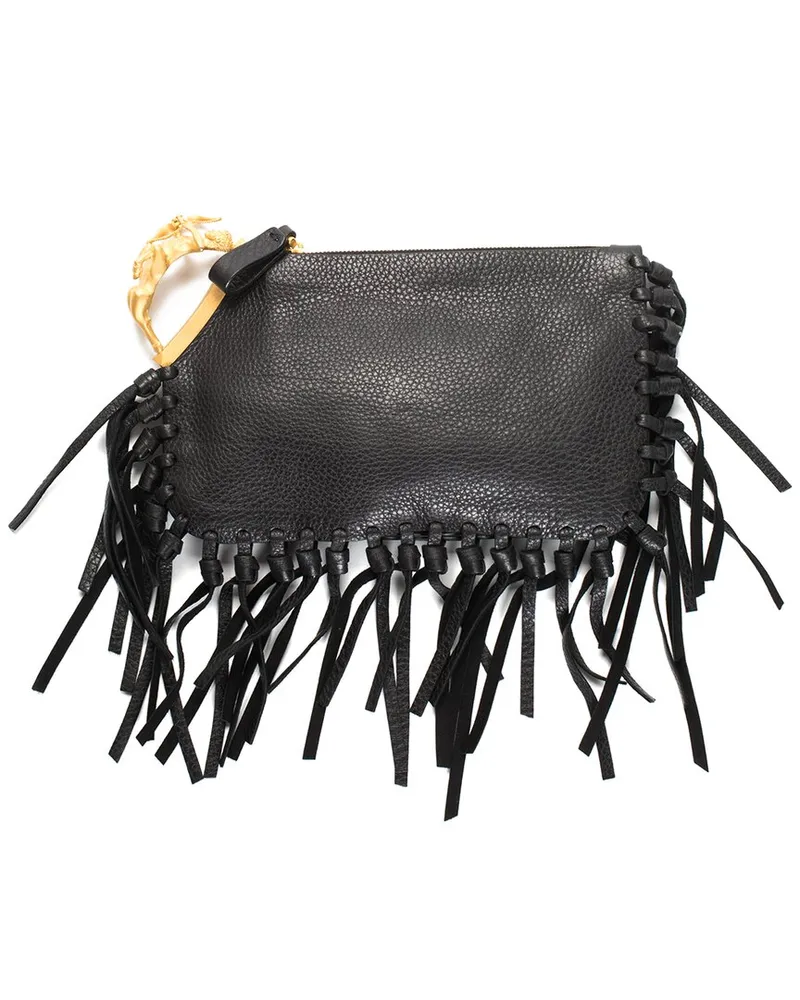 Valentino Garavani Black Leather C Rockee Fringe Clutch (Authentic Pre-Loved Nocolor