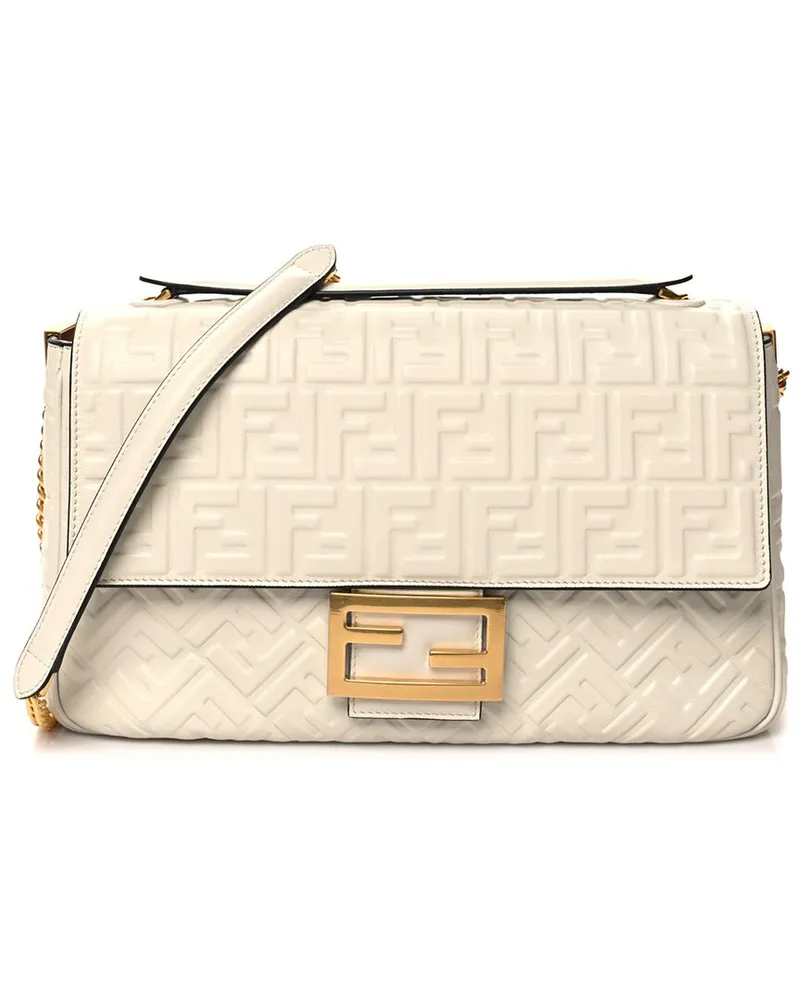 Fendi White Zucca Leather Small FF Embossed Large Chain Baguette (Authentic Pre-Loved Nocolor