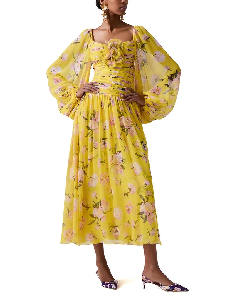 Carolina Herrera New York Puff Sleeve Full Gathered Silk Midi Dress Yellow