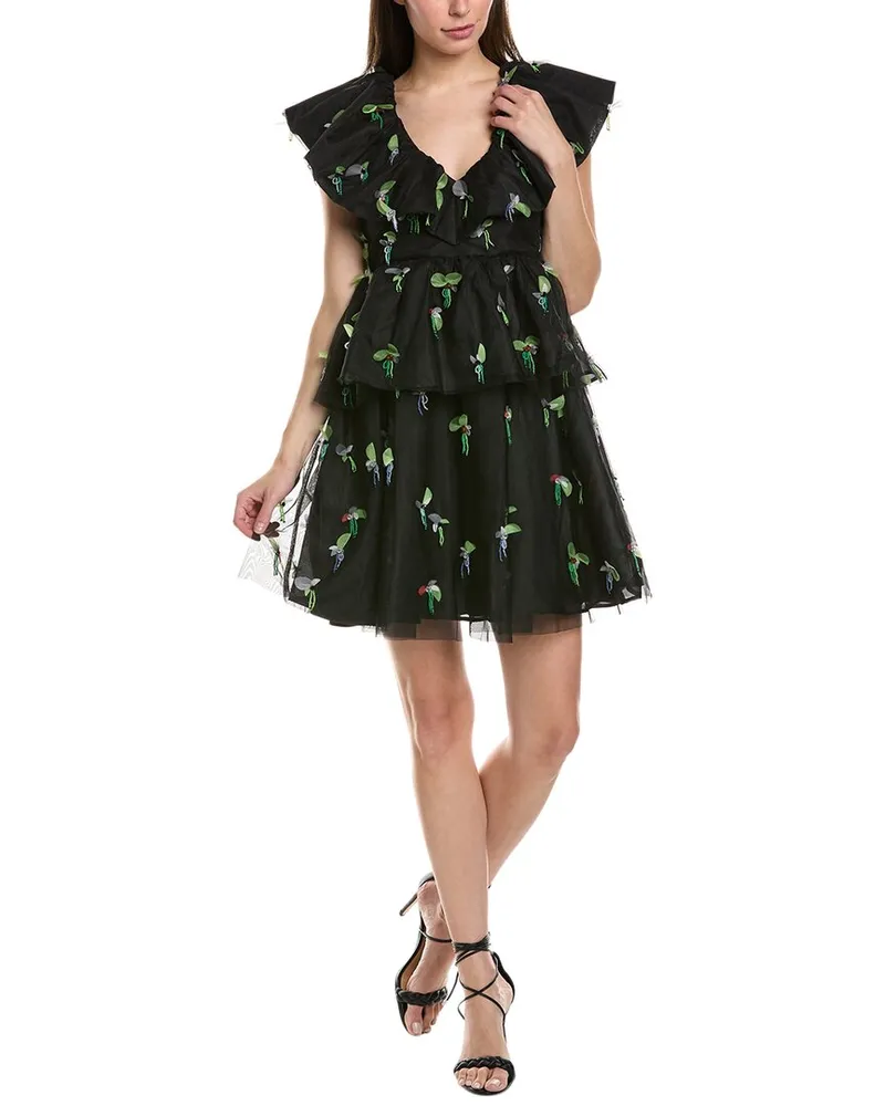 Ganni Tiered Mesh Mini Dress Black