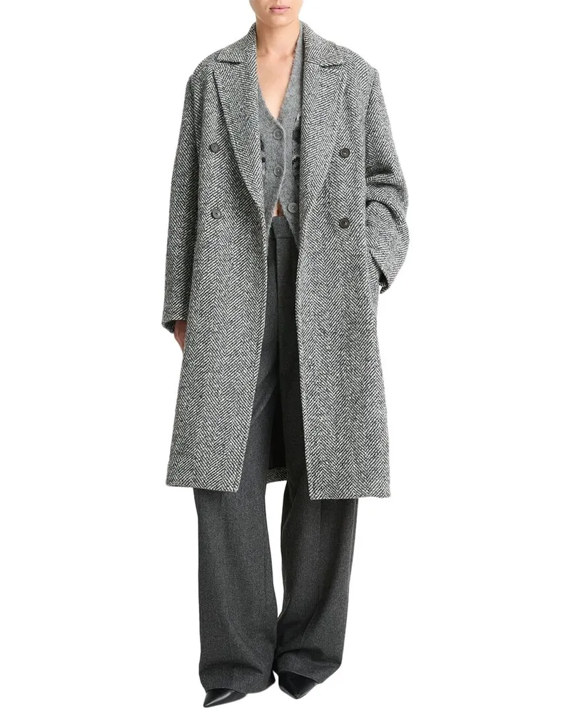 Vince Herringbone Double-Breasted Wool & Silk-Blend Coat Grey