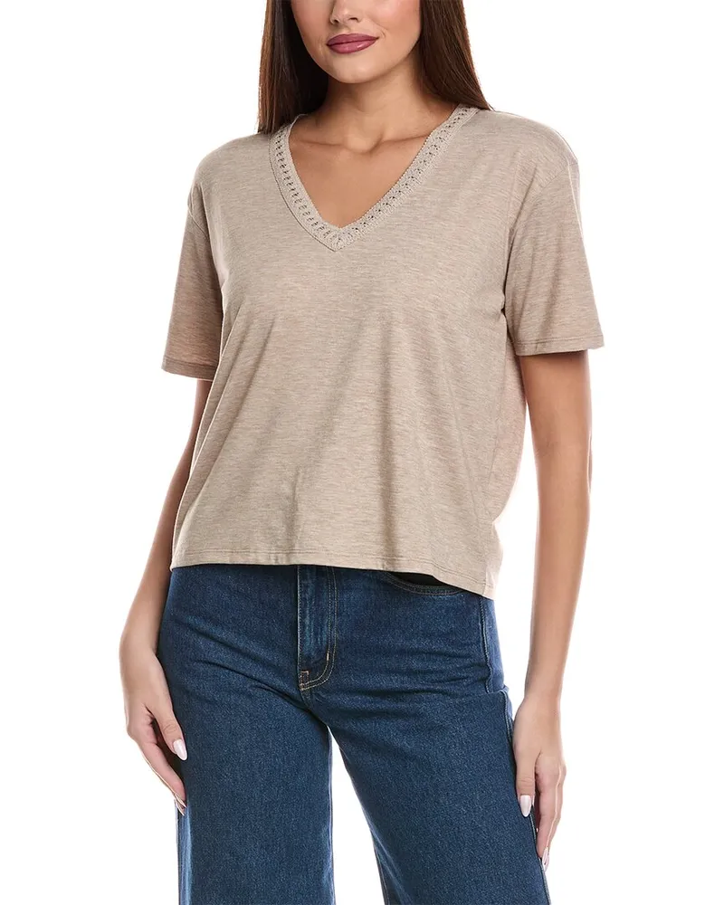 Splendid Kacey Crochet V-Neck T-Shirt Brown