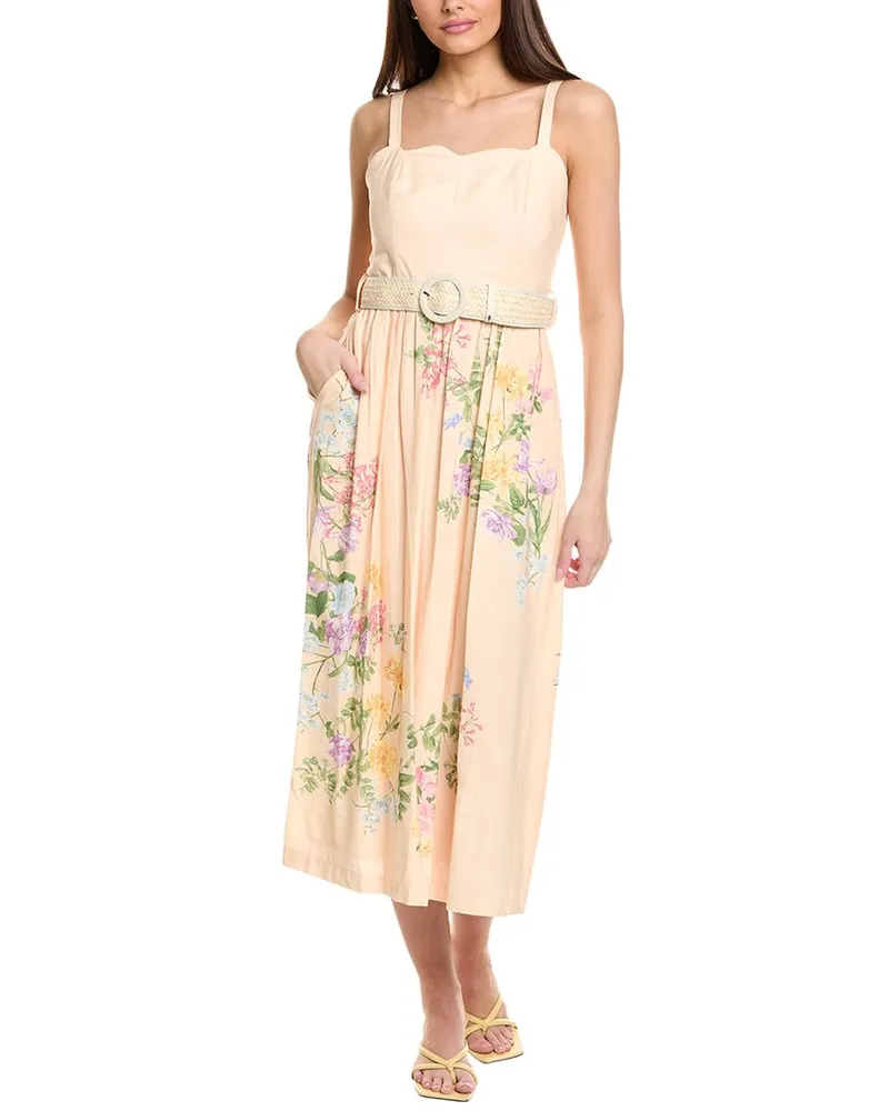 taylor Belted Linen-Blend Midi Dress Pink