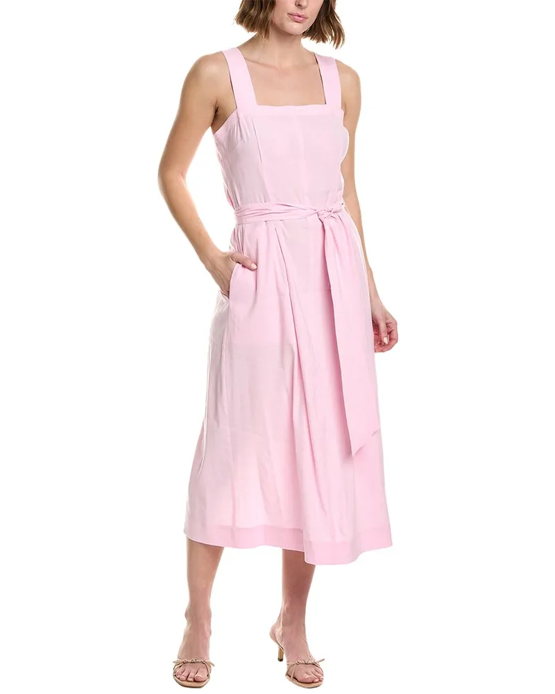 Vince Belted Square Neck Linen-Blend Midi Dress Pink