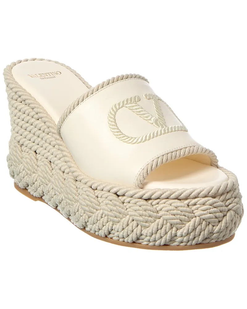 Valentino Garavani VLogo Silk Torchon 100 Leather Wedge Sandal White