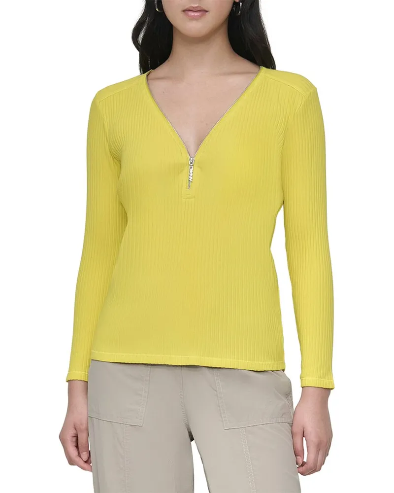 DKNY Zip V-Neck Top Yellow