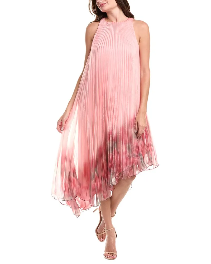 Badgley Mischka Asymmetrical Pleated Midi Dress Pink