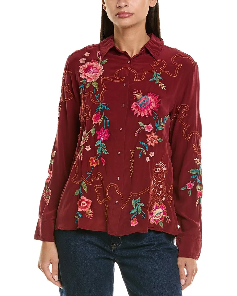 Johnny Was Button-Down Silk Shirt Red