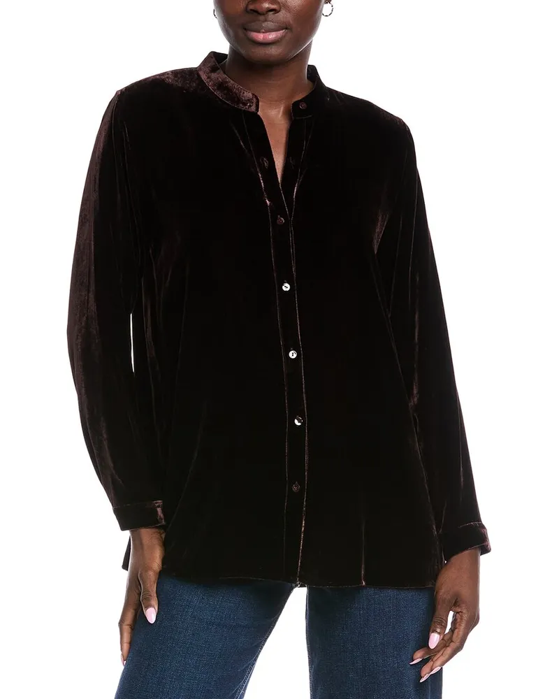 Eileen Fisher Petite Mandarin Collar Long Silk-Blend Shirt Nocolor