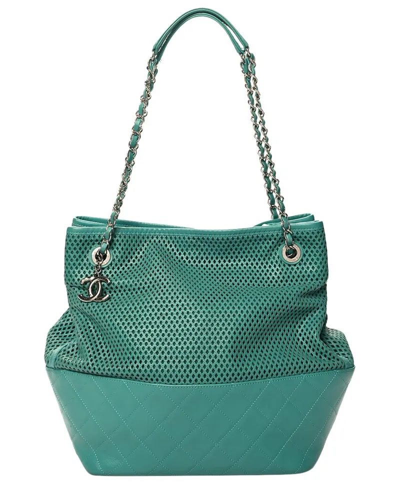 Chanel Green Calfskin Leather Perforated Up In The Air North South Tote  (Authentic Pre-Loved Nocolor