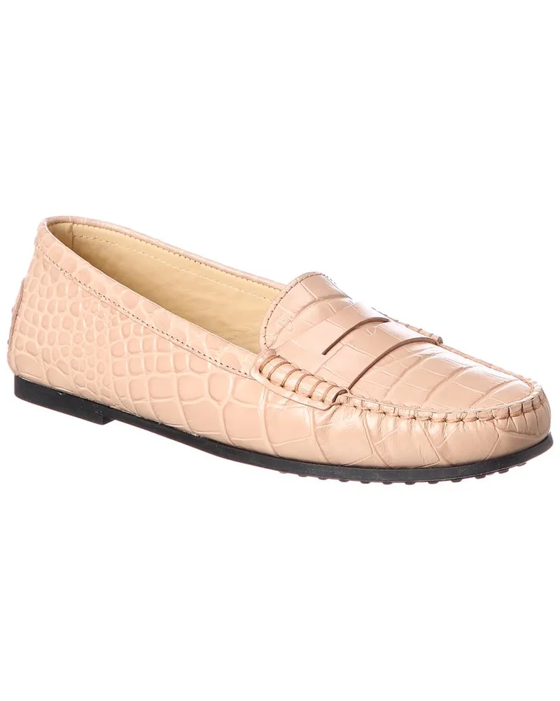 TOD'S TOD’s Gommino Croc-Embossed Leather Loafer Pink