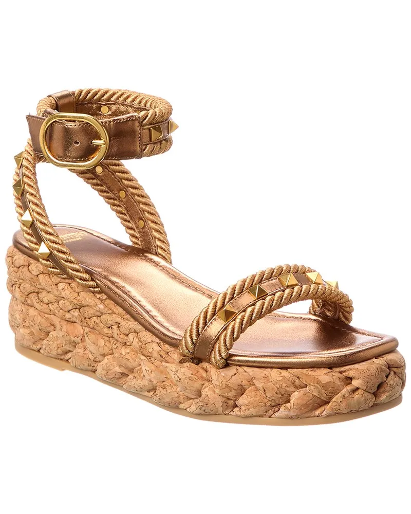 Valentino Garavani Rockstud 60 Rope & Leather Wedge Sandal Gold