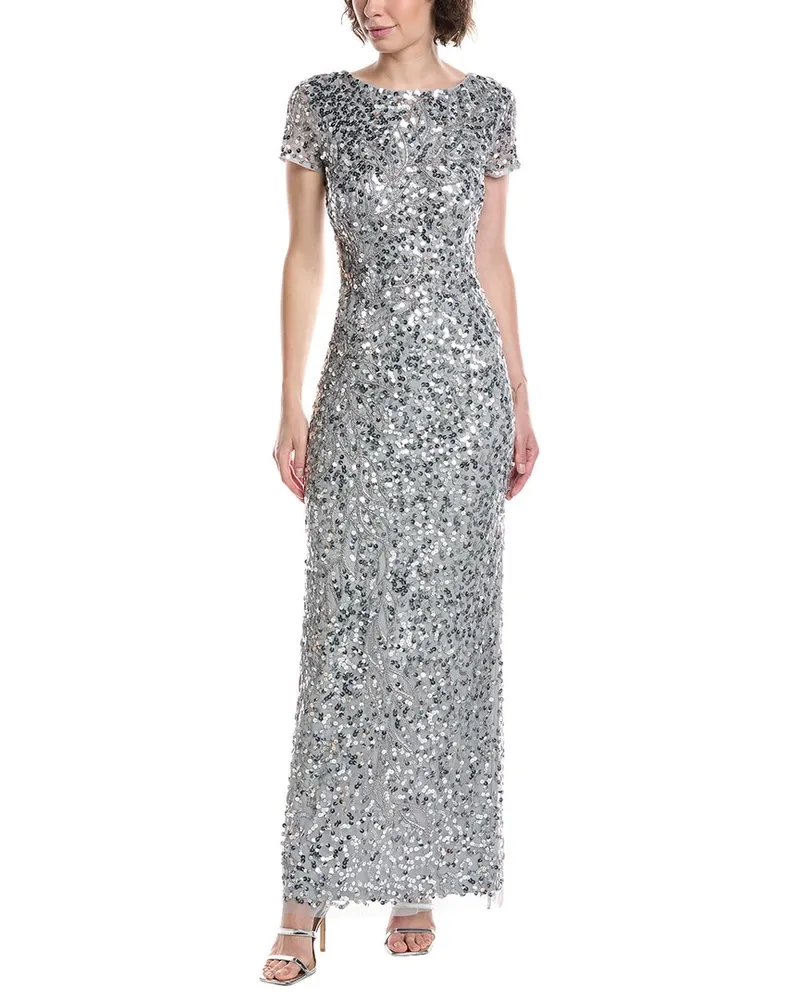 Adrianna Papell Beaded Mesh Gown Silver