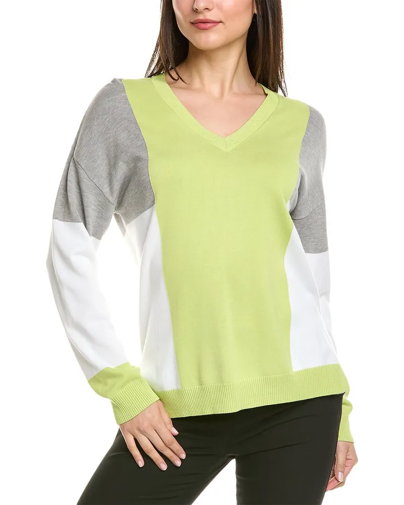 ST. JOHN Colorblocked V-Neck Sweater Green