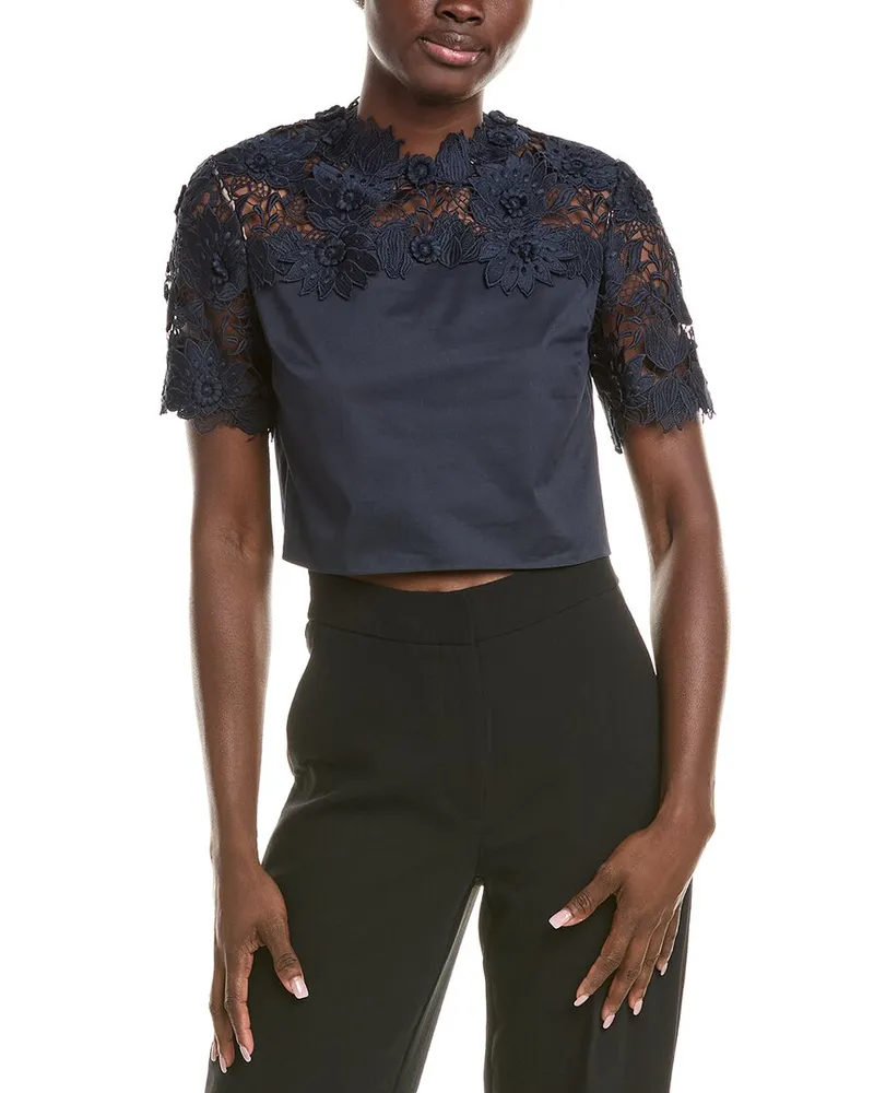 Oscar de la Renta Water Lily Guipure Silk-Lined Top Blue