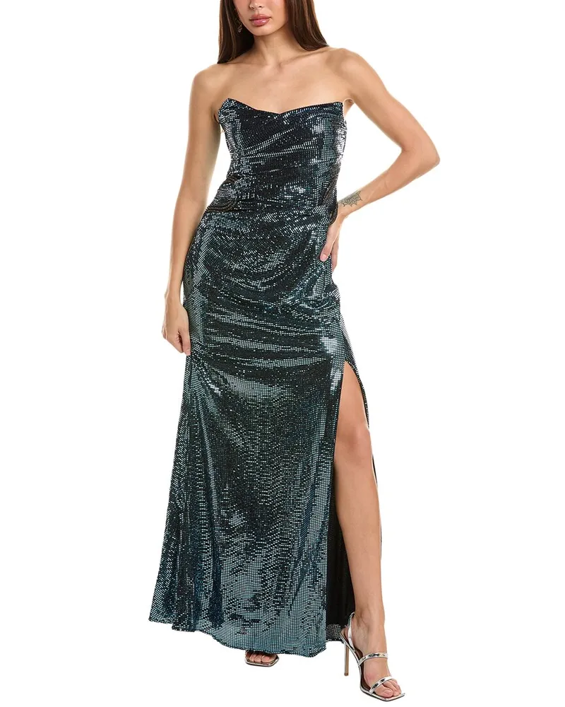 THEIA Skye Draped Strapless Gown Blue
