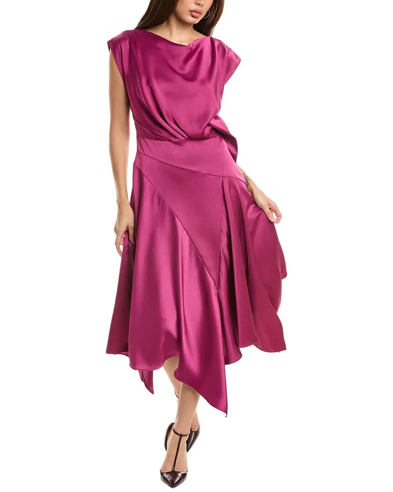 THEIA Isla Satin Draped Midi Dress Pink