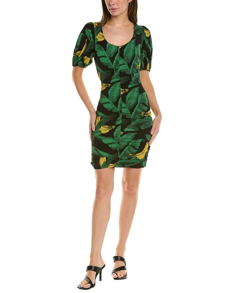 Ganni Printed Drapey Jersey Puff Sleeve Mini Dress Black