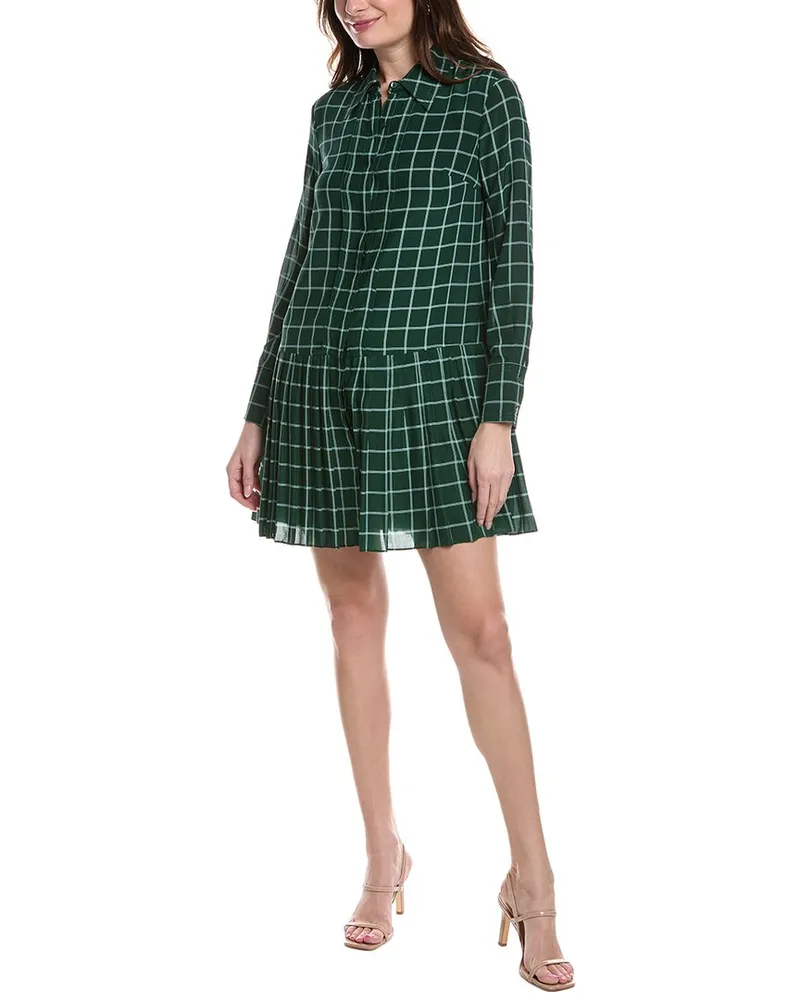 Rebecca Taylor Windowpane Pleated Silk Shirtdress Green