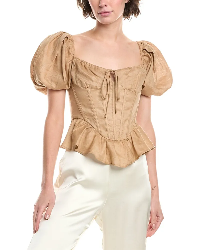 Bardot Esra Puff Sleeve Corset Linen Top Brown