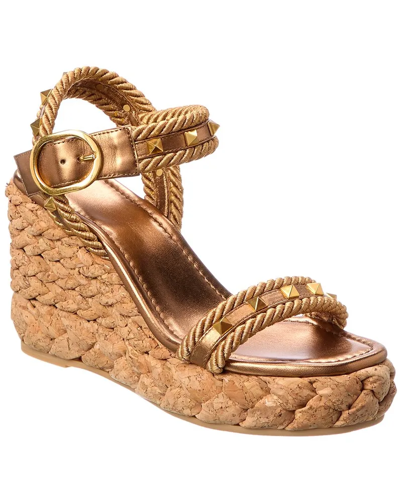 Valentino Garavani Rockstud 100 Rope & Leather Wedge Sandal Gold