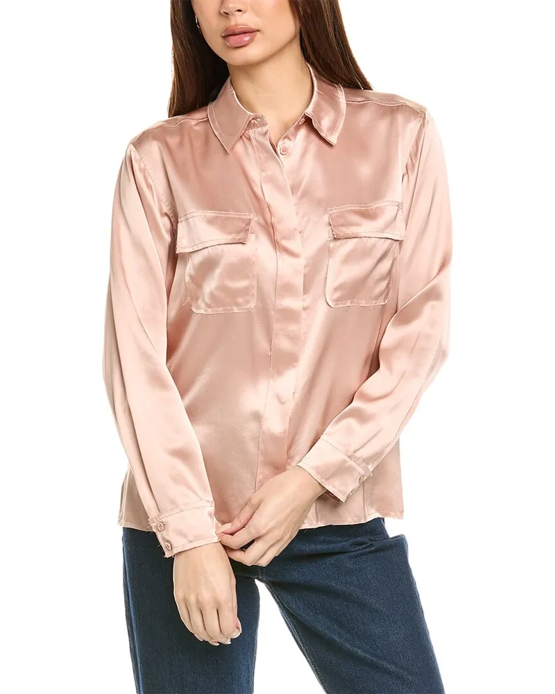 Frame Denim Raw Edge Double Pocket Silk Shirt Pink