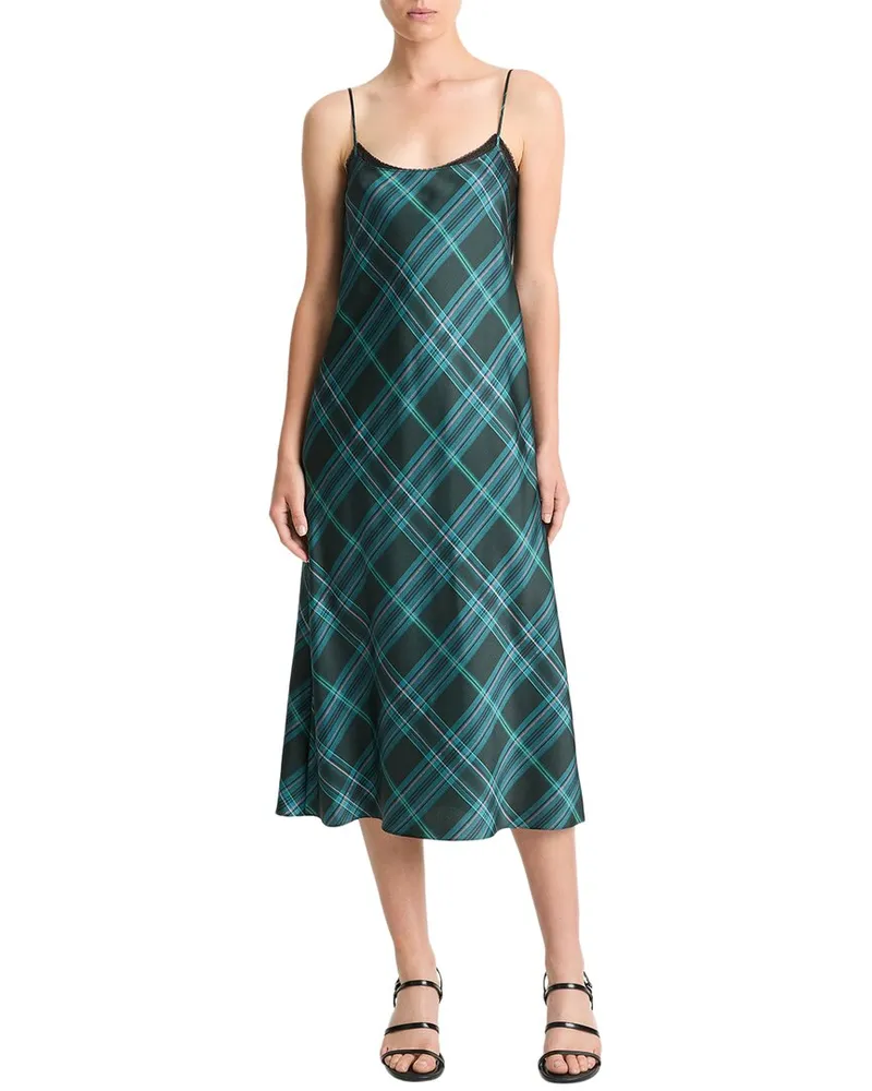 Vince Plaid Lace-Trim Slip Dress Green